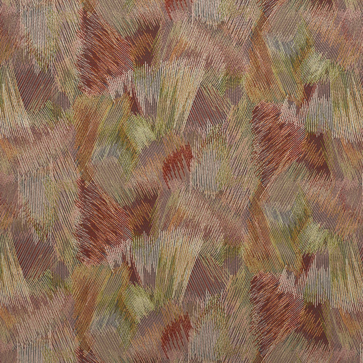 iLiv Emberley henna fabric featuring a contemporary embroidered pattern in rich brown and green tones.
