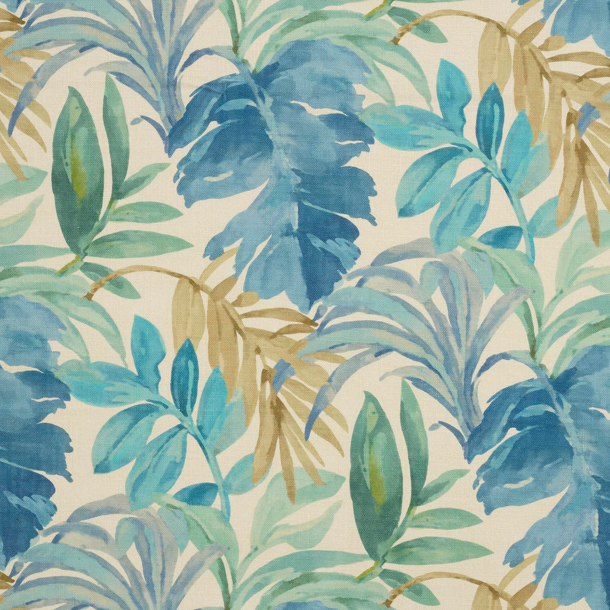 iLiv Tropique Prussian contemporary fabric in a blue colourway, featuring a stylish leaf design on a linen mix base cloth.