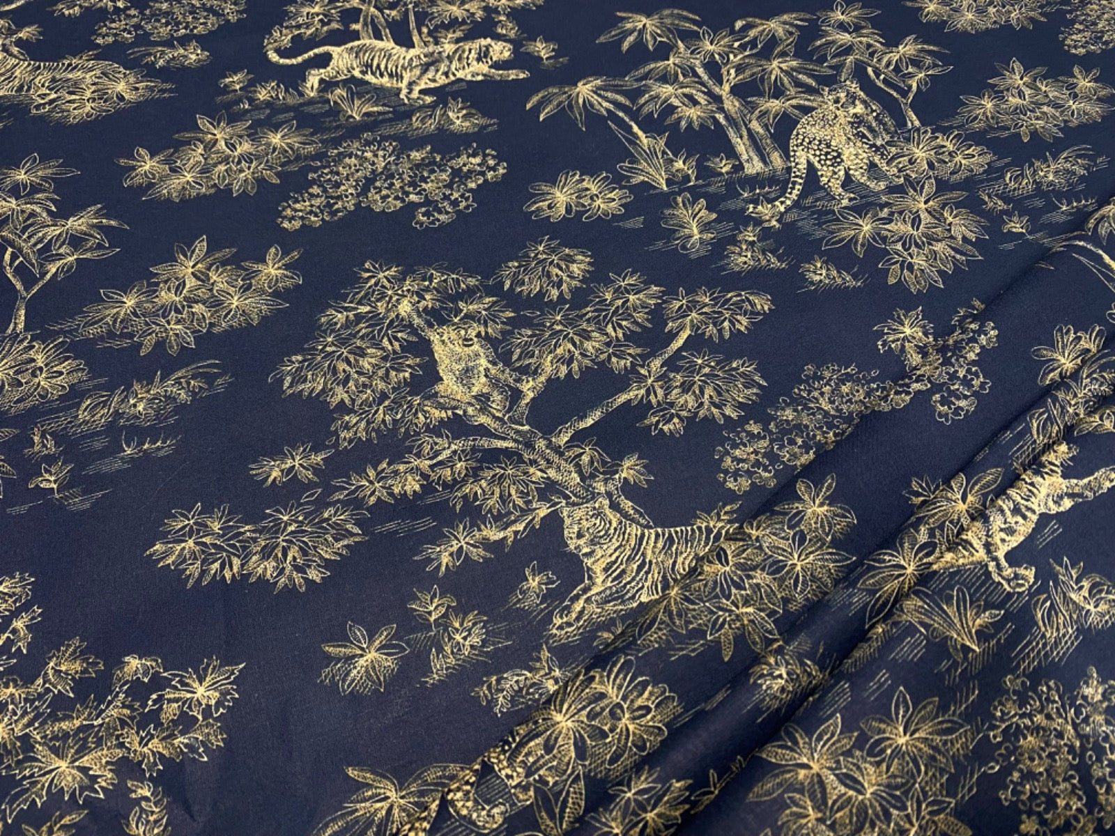 H354 Tiger Toile Cotton Navy Gold