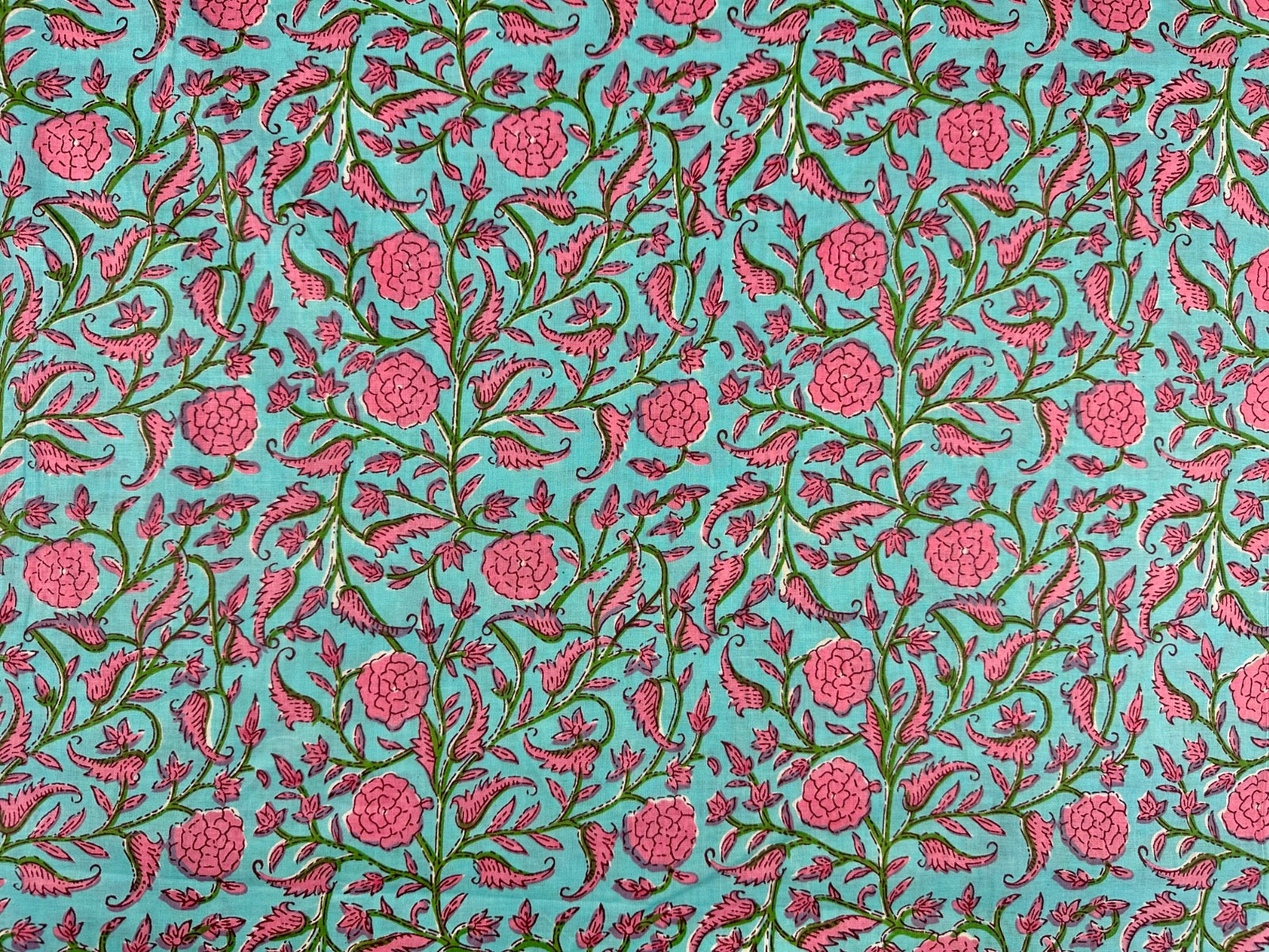 H403 Delhi Flower Block Print Turquoise Pink