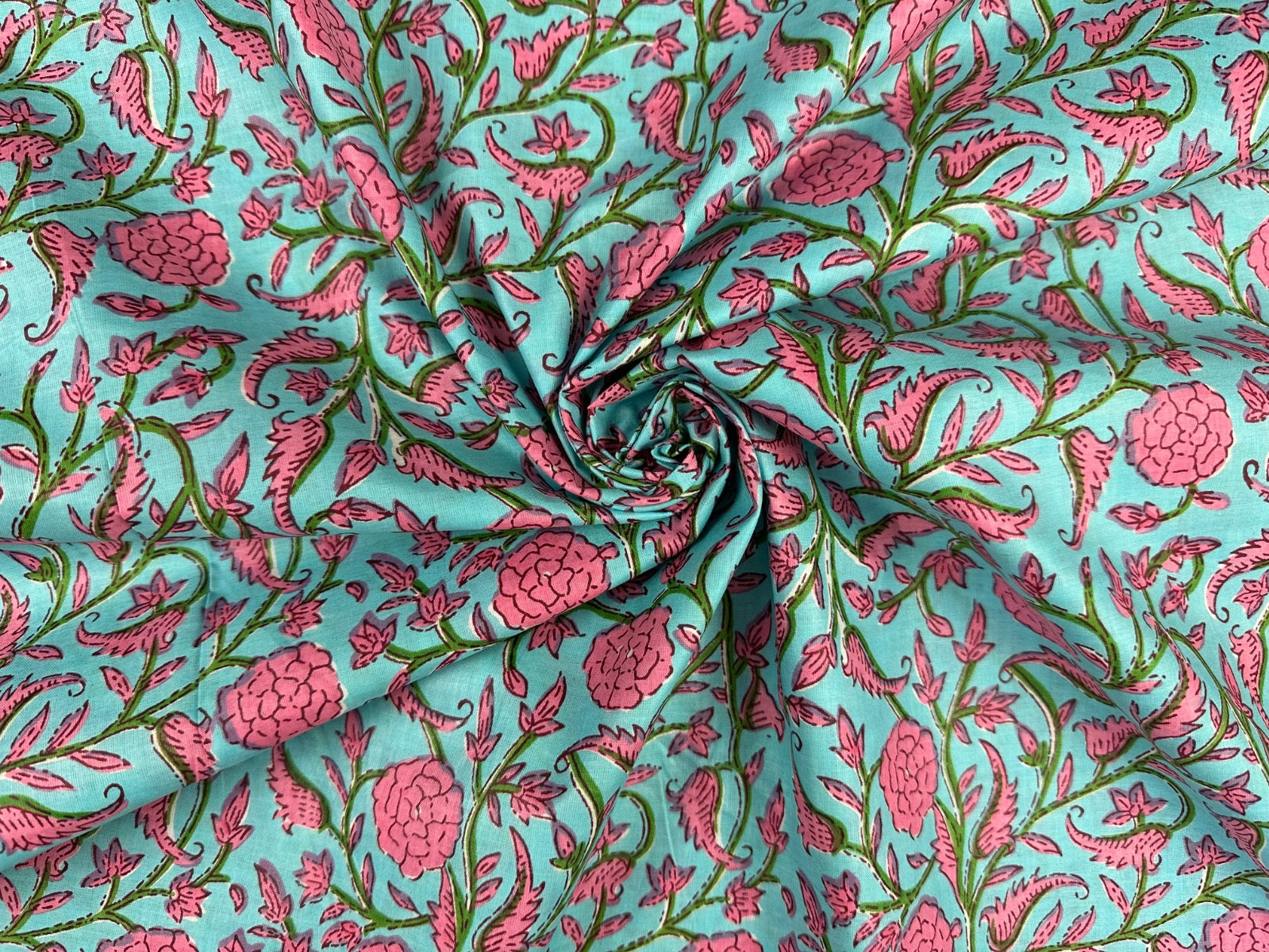H403 Delhi Flower Block Print Turquoise Pink
