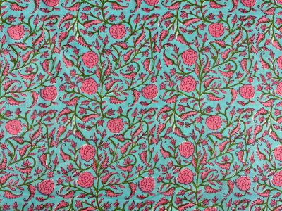 H403 Delhi Flower Block Print Turquoise Pink